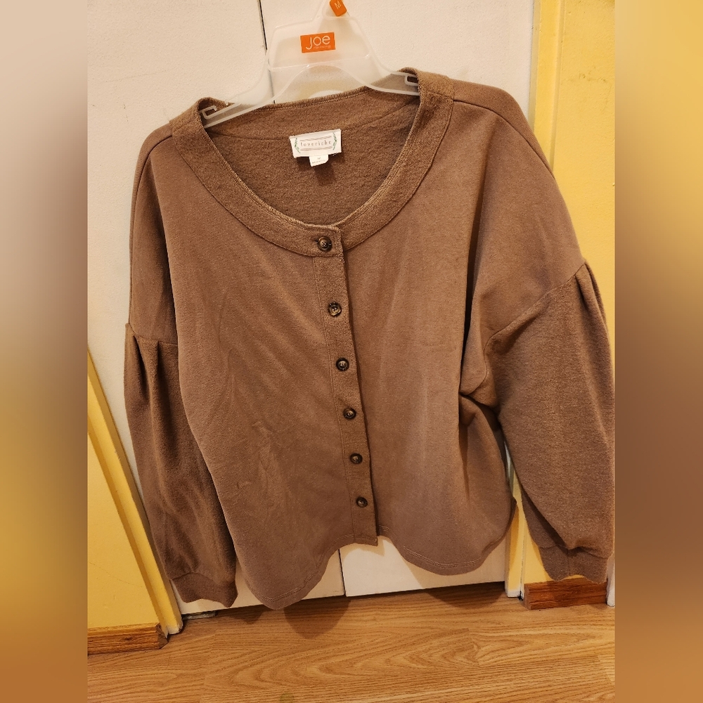 Loveriche medium brown cardigan.  Very cozy!